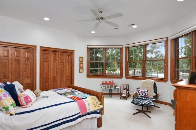 405 Windcrest Ct, Salem, SC 29676 - bedroom with multiple closets, carpet, recessed lighting, and a ceiling fan