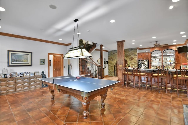 405 Windcrest Ct, Salem, SC 29676 - rec room featuring decorative columns, crown molding, recessed lighting, ceiling fan, and tile patterned floors