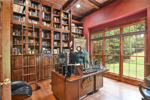 405 Windcrest Ct, Salem, SC 29676 - home office featuring coffered ceiling, beamed ceiling, light wood-style floors, and plenty of natural light