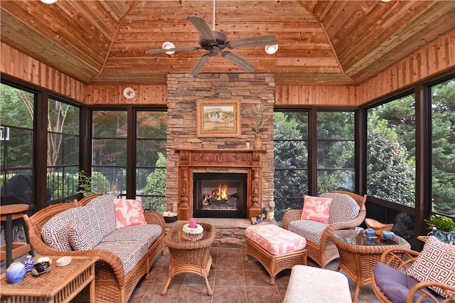 405 Windcrest Ct, Salem, SC 29676 - sunroom featuring ceiling fan, plenty of natural light, and an outdoor living space with a fireplace