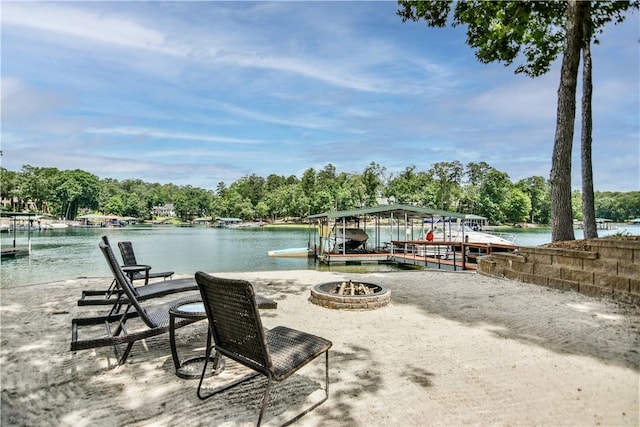 405 Windcrest Ct, Salem, SC 29676 - dock with a water view, a fire pit, boat lift, and view of scattered trees
