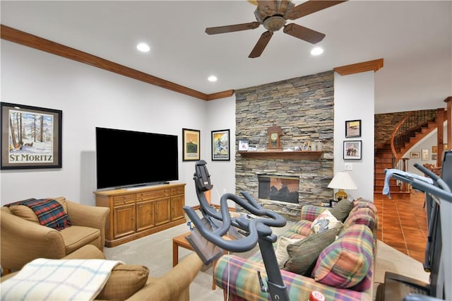 405 Windcrest Ct, Salem, SC 29676 - living room featuring a ceiling fan, stairs, recessed lighting, crown molding, and a stone fireplace