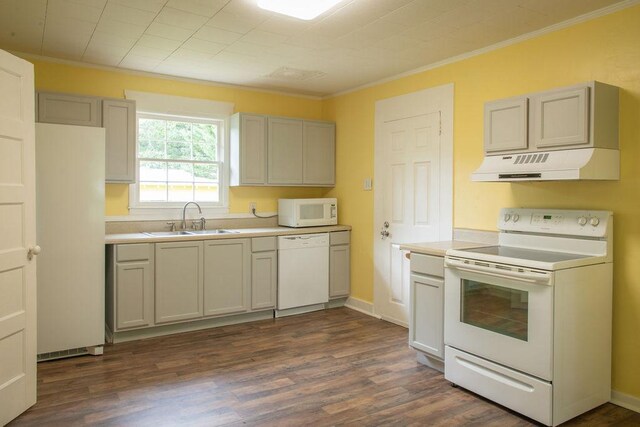 200 Bulwinkle Dr, Walhalla, SC 29691 - kitchen with white appliances, under cabinet range hood, ornamental molding, dark wood-style floors, and light countertops