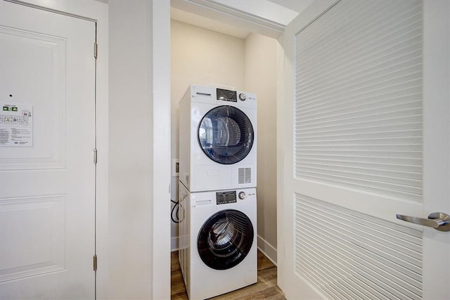13500 Clemson Blvd Unit 2410, Seneca, SC 29678 - laundry area with stacked washer and clothes dryer and wood finished floors