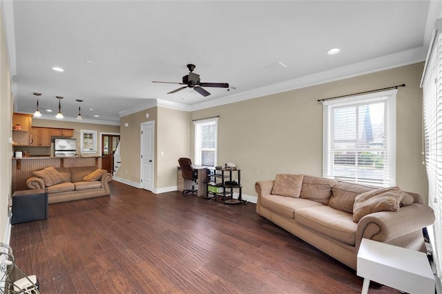 101 W Ln Unit 1118, Clemson, SC 29631 - living area with dark wood-style floors, recessed lighting, a ceiling fan, ornamental molding, and plenty of natural light
