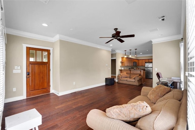 101 W Ln Unit 1118, Clemson, SC 29631 - living area featuring a ceiling fan, dark wood-type flooring, recessed lighting, ornamental molding, and healthy amount of natural light