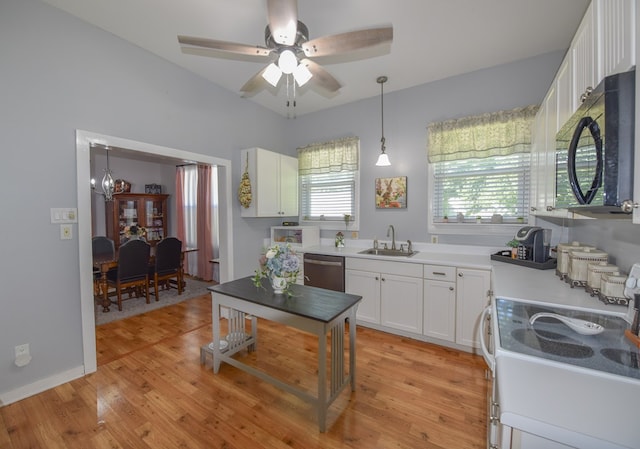 102 Langely St, Abbeville, SC 29620 - kitchen featuring black microwave, electric range, a ceiling fan, white cabinets, and stainless steel dishwasher