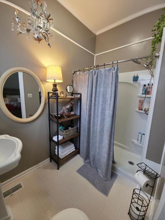 102 Langely St, Abbeville, SC 29620 - full bath with crown molding, a shower stall, and a chandelier