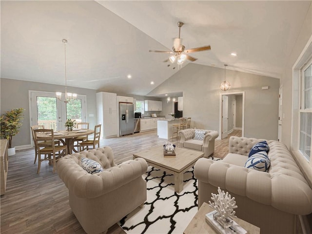 325 Code Cir, Seneca, SC 29678 - living area with light wood-style flooring, vaulted ceiling, recessed lighting, ceiling fan, and a chandelier