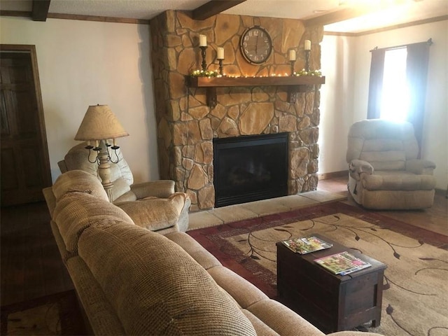 431 Seigler Rd, Iva, SC 29655 - living area with wood finished floors, beamed ceiling, and a fireplace