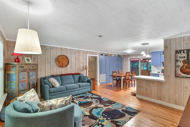 197 Jubie Ln, Seneca, SC 29672 - living room featuring wood walls, light wood-type flooring, and crown molding