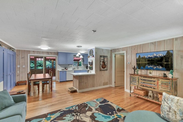 197 Jubie Ln, Seneca, SC 29672 - living area with wood walls, light wood finished floors, and ornamental molding