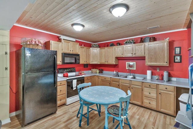 197 Jubie Ln, Seneca, SC 29672 - kitchen with black appliances, light countertops, light wood-style floors, light brown cabinetry, and wooden ceiling