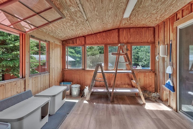 197 Jubie Ln, Seneca, SC 29672 - sunroom featuring wood walls, wood finished floors, lofted ceiling, and a deck