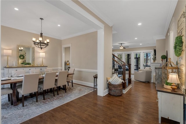703 Timberbrook Trl, Salem, SC 29676 - dining area with stairway, dark wood-style floors, a chandelier, ornamental molding, and recessed lighting