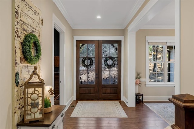 703 Timberbrook Trl, Salem, SC 29676 - entryway with dark wood-style floors, ornamental molding, recessed lighting, and french doors