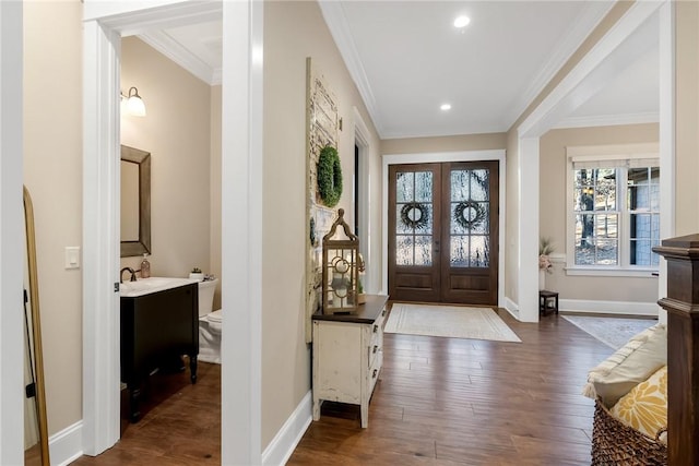 703 Timberbrook Trl, Salem, SC 29676 - foyer with crown molding, dark wood-style flooring, french doors, and recessed lighting