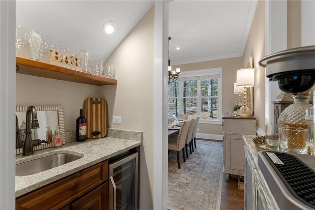 703 Timberbrook Trl, Salem, SC 29676 - kitchen featuring beverage cooler, crown molding, open shelves, a chandelier, and dark wood-style floors