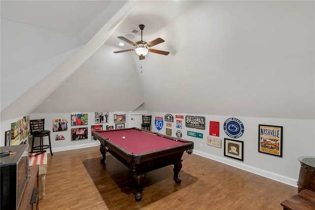 703 Timberbrook Trl, Salem, SC 29676 - game room with billiards, vaulted ceiling, wood finished floors, and a ceiling fan