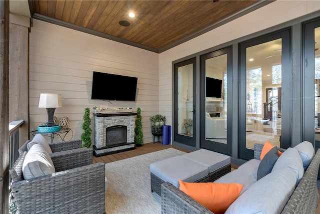 703 Timberbrook Trl, Salem, SC 29676 - living room featuring wood ceiling, recessed lighting, an outdoor stone fireplace, wood walls, and wood finished floors
