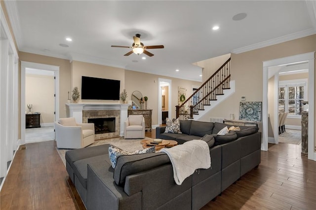 703 Timberbrook Trl, Salem, SC 29676 - living area featuring ceiling fan, crown molding, recessed lighting, stairs, and dark wood finished floors
