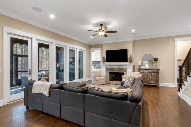 703 Timberbrook Trl, Salem, SC 29676 - living room with ceiling fan, stairway, crown molding, dark wood finished floors, and a fireplace