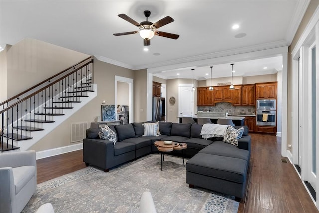 703 Timberbrook Trl, Salem, SC 29676 - living area featuring a ceiling fan, wood finished floors, stairway, crown molding, and recessed lighting