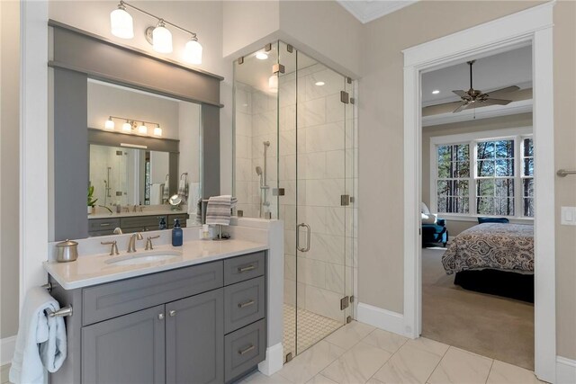 703 Timberbrook Trl, Salem, SC 29676 - ensuite bathroom featuring vanity, a shower stall, a ceiling fan, and ornamental molding