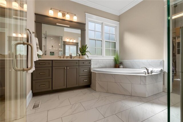 703 Timberbrook Trl, Salem, SC 29676 - full bath with vanity, a bath, ornamental molding, a stall shower, and marble look tile flooring