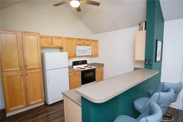 633 Harts Cove Way Unit 633, Seneca, SC 29678 - kitchen with white appliances, ceiling fan, a peninsula, dark wood-style flooring, and a breakfast bar area