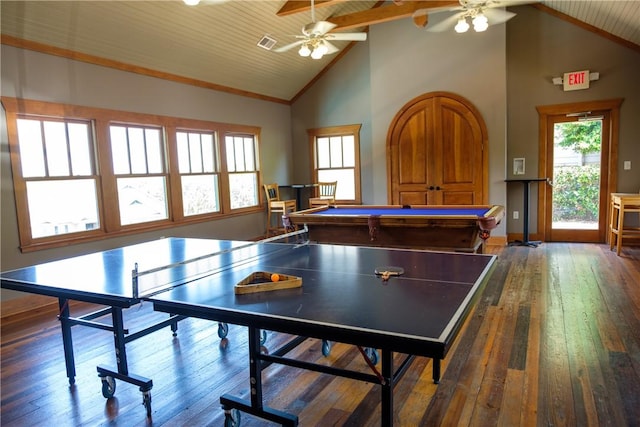 633 Harts Cove Way Unit 633, Seneca, SC 29678 - rec room featuring high vaulted ceiling, wood-type flooring, wood ceiling, a ceiling fan, and billiards table