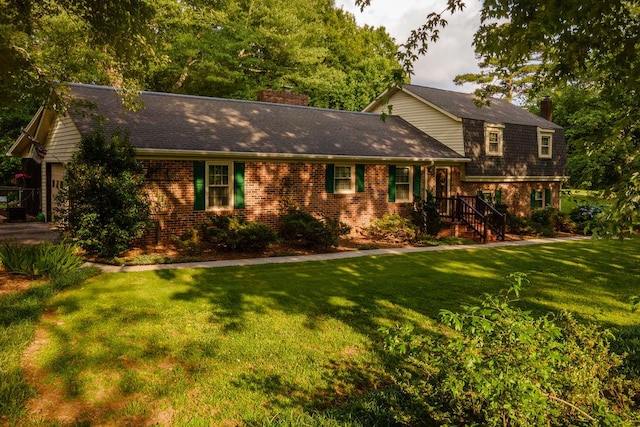 316 Brewer Rd, Walhalla, SC 29691 - view of front of home with a chimney, brick siding, a front yard, an attached garage, and a shingled roof