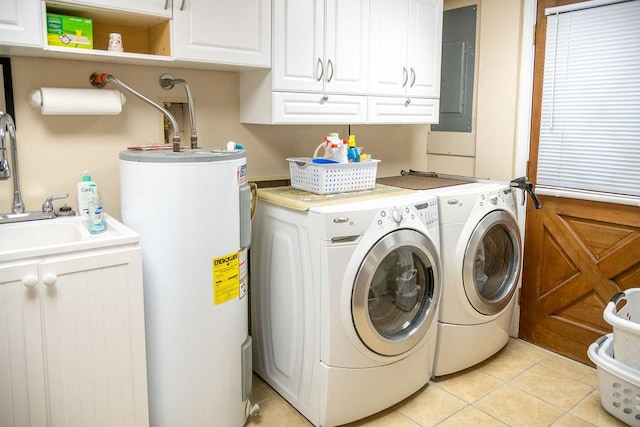 316 Brewer Rd, Walhalla, SC 29691 - washroom with water heater, washing machine and clothes dryer, cabinet space, electric panel, and light tile patterned floors