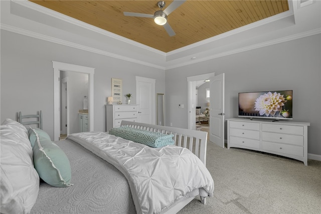 914 Blue Moon St, Taylors, SC 29687 - bedroom with a raised ceiling, wooden ceiling, ornamental molding, light colored carpet, and ensuite bathroom