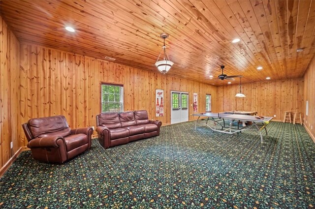 213 Redbud St, Seneca, SC 29672 - recreation room with wood ceiling, carpet flooring, wooden walls, a ceiling fan, and recessed lighting