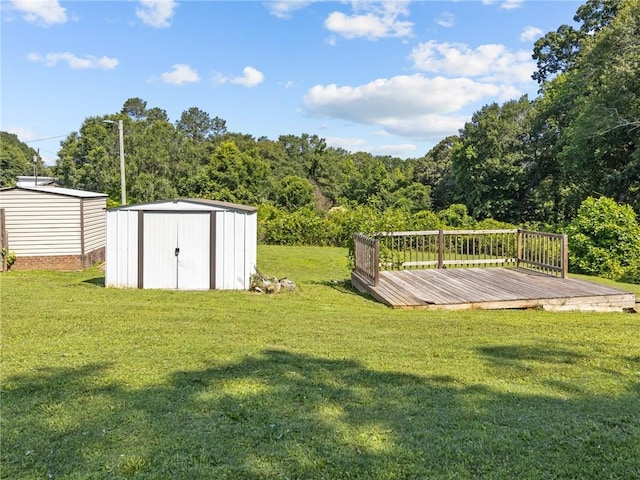 112 Wilbur St, Easley, SC 29640 - view of green lawn with a shed, a deck, and a view of trees