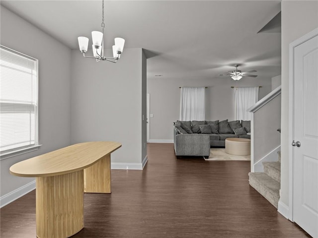 112 Wilbur St, Easley, SC 29640 - dining space with stairway, dark wood-type flooring, a chandelier, and ceiling fan