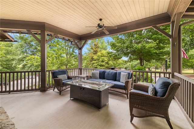 129 N Lawn Dr, Sunset, SC 29685 - view of patio / terrace featuring an outdoor living space, ceiling fan, and view of wooded area