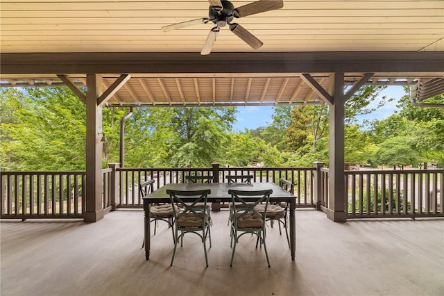 129 N Lawn Dr, Sunset, SC 29685 - view of patio with outdoor dining area, ceiling fan, and view of wooded area