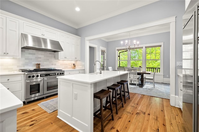 129 N Lawn Dr, Sunset, SC 29685 - kitchen featuring premium appliances, under cabinet range hood, ornamental molding, white cabinets, and light countertops