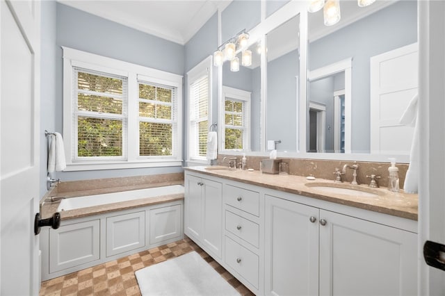 129 N Lawn Dr, Sunset, SC 29685 - full bath with double vanity, a garden tub, ornamental molding, and tile patterned floors