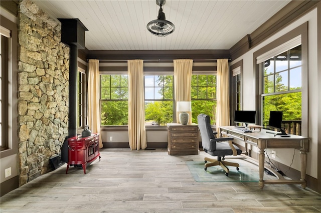 129 N Lawn Dr, Sunset, SC 29685 - home office with wood finished floors, a wood stove, and wooden ceiling