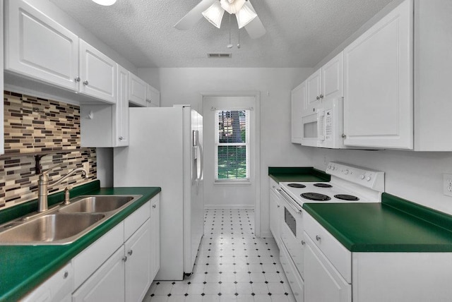 433 Den Ridge Dr, Walhalla, SC 29691 - kitchen featuring white appliances, white cabinetry, ceiling fan, decorative backsplash, and a textured ceiling