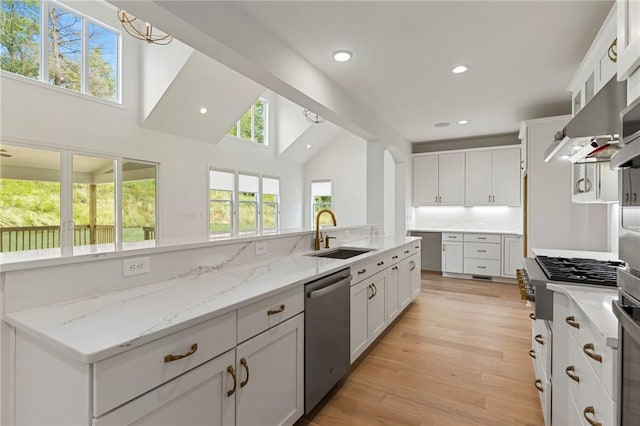 740 Enoree River Pl, Greer, SC 29651 - kitchen with stainless steel appliances, range hood, white cabinetry, light wood-type flooring, and light stone countertops