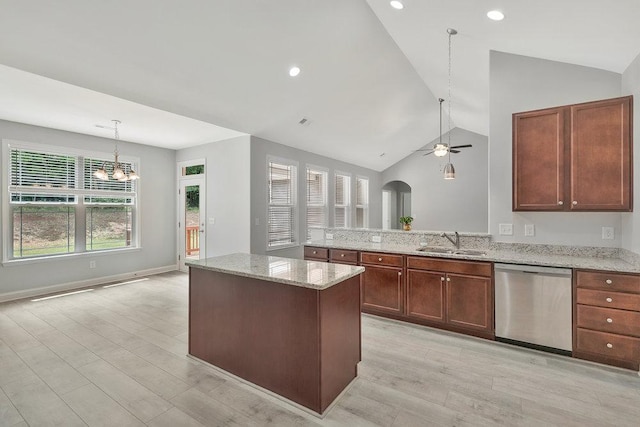 618 Motor Boat Way, Seneca, SC 29672 - kitchen featuring stainless steel dishwasher, lofted ceiling, light wood-style flooring, healthy amount of natural light, and ceiling fan