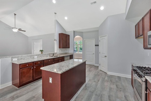 618 Motor Boat Way, Seneca, SC 29672 - kitchen with appliances with stainless steel finishes, arched walkways, vaulted ceiling, a ceiling fan, and light wood-style floors