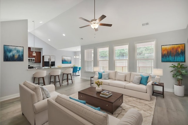 618 Motor Boat Way, Seneca, SC 29672 - living room featuring ceiling fan, light wood-style floors, high vaulted ceiling, and recessed lighting