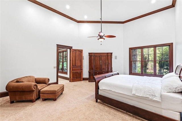 264 Featherstone Dr, Sunset, SC 29685 - bedroom with light carpet, crown molding, a towering ceiling, and recessed lighting