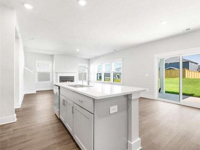 791 Burghley Cir, Greer, SC 29651 - kitchen featuring open floor plan, stainless steel dishwasher, wood finished floors, a kitchen island with sink, and a lit fireplace