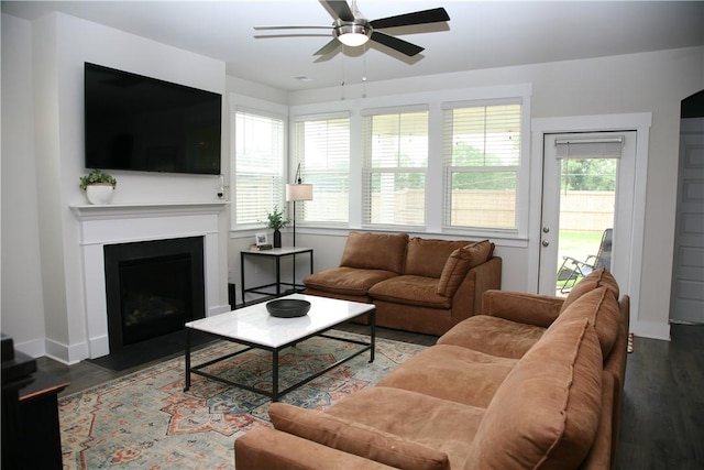 104 Laurel Oak Dr, Anderson, SC 29621 - living room with ceiling fan, wood finished floors, and a fireplace with flush hearth